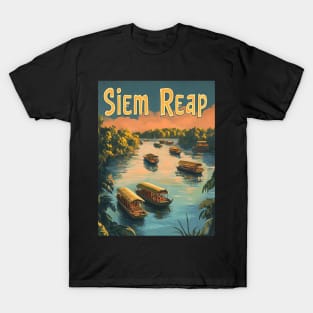 This vintage travel poster showcases traditional boats floating on the serene waters of Siem Reap at sunset, surrounded by lush greenery and T-Shirt